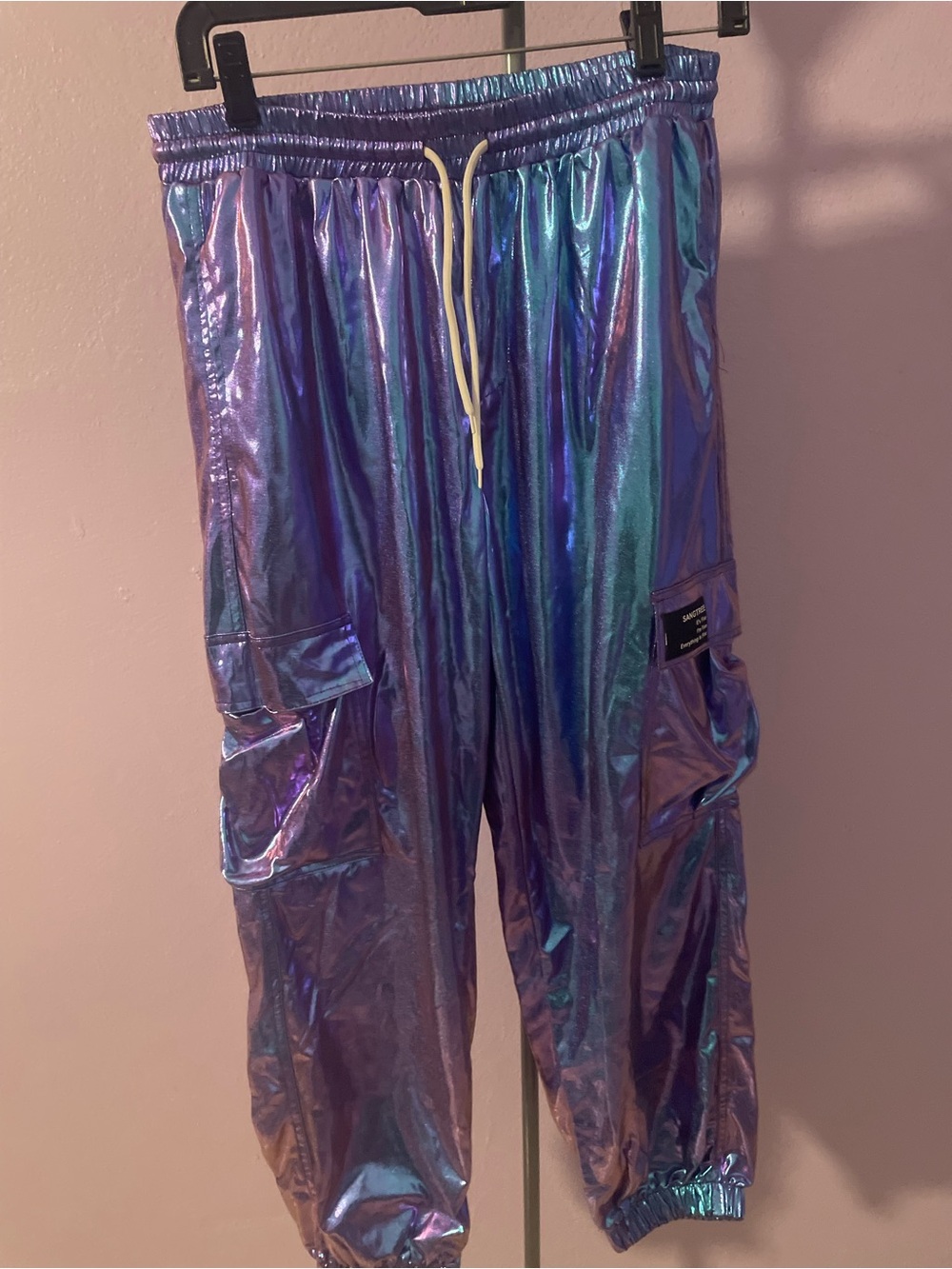 Iridescent Metallic Cargo Joggers - Shifting Purple & Blue